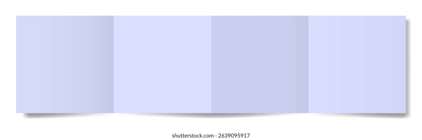 Four panel accordion fold. Light purple folded paper sheet. Double gate fold. Square brochure	