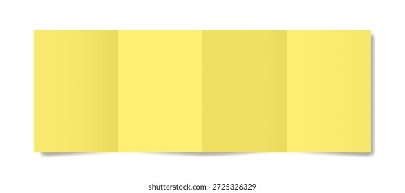 Four panel accordion fold. Yellow folded paper sheet. Double gate fold. A4 format brochure	
