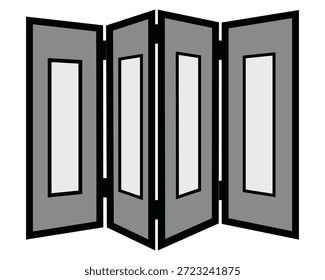Objeto divisor de cuarto de pantalla plegable de cuatro paneles, partición interior para privacidad, diseño simple de Ilustración vectorial gris y blanco.