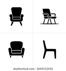 Imagem de quatro painéis exibindo ilustrações de silhueta de itens de móveis, incluindo poltronas, uma cadeira lounge com braços, e uma cadeira lateral minimalista em um pano de fundo branco limpo.