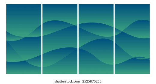 Cuatro paneles de Formas onduladas abstractas, fluidas, verde azulado y azul oscuro.