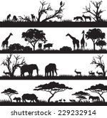 Four panels of african silhouettes with african wild animals in different habitats