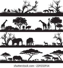 Four panels of african silhouettes with african wild animals in different habitats