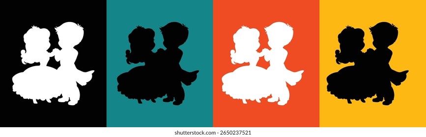 Quatro painéis exibem silhuetas de um menino e uma menina dançando. 