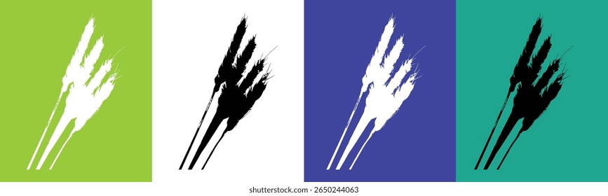 Four panels display stylized representations of wheat stalks.