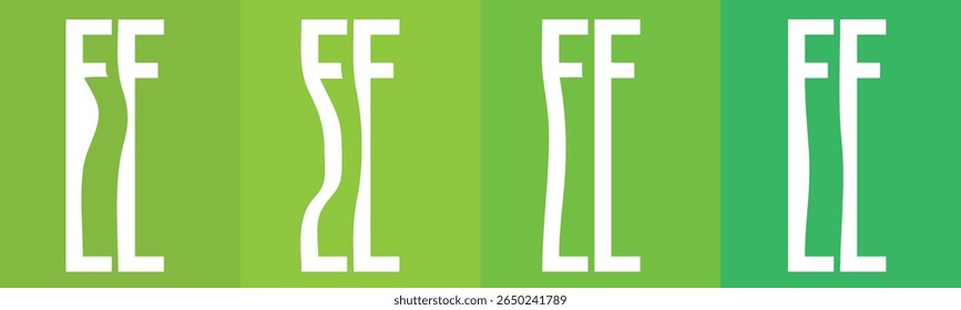 Cuatro paneles muestran las letras blancas "FF" contra un fondo degradado de tonos verdes. 