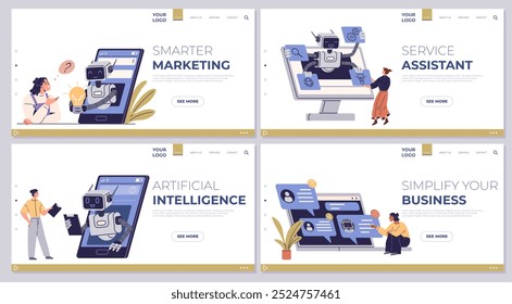 Quatro painéis com ilustrações de robôs destacando a IA em marketing, negócios e atendimento ao cliente. Ideal para tecnologia, automação, inteligência artificial, soluções empresariais e suporte ao cliente