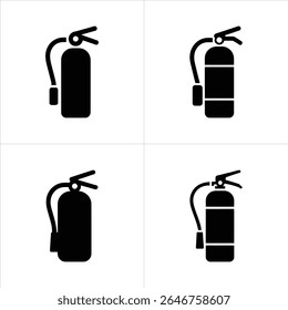 Quatro painéis exibem ícones de extintores de incêndio de silhueta preta contra um fundo branco, exibindo equipamentos essenciais de segurança contra incêndio e simbolizando a preparação para emergências.