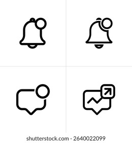 Four panels showing black outlined notification icons bell with alert, speech bubble with alert, and chat bubble with graph and directional arrow. Isolated on a white backdrop.