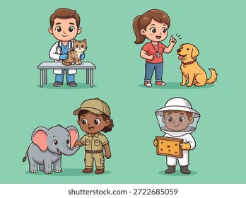 Quatro painéis mostrando pessoas em diferentes profissões interagindo com animais, incluindo um veterinário com um gato, um treinador de cães, um tratador com um elefante e um apicultor.