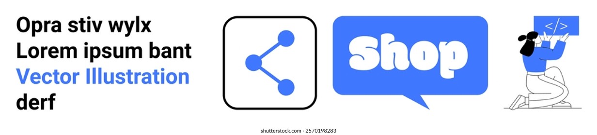 Four panels with a text block, social sharing icon, shop bubble, and person coding on a computer. Ideal for social media, e-commerce, programming, technology, and web development. Banner for landing