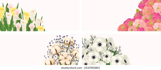 Four panels various flowers including calla lilies, roses, anemones, lavender. Elegant floral designs spring occasions. Artistic flowers greeting cards vector illustration