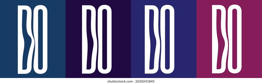 Cuatro paneles de letras estilizadas blancas sobre fondos de color sólido. 