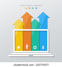 four paper arrows within laptop computer screen  infographics in flat design style. vector.