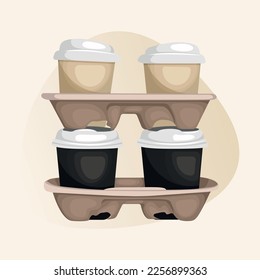 Four paper coffee cups in a holder