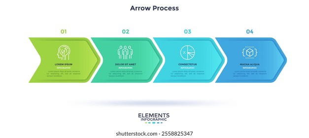 Four paper colorful overlapping arrows placed in horizontal row. Concept of 4 successive steps of progressive business development. Simple infographic design template. Vector illustration.