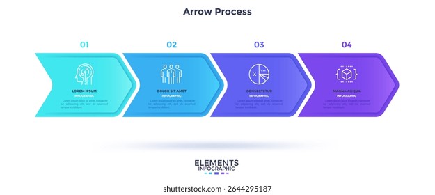 Four paper colorful overlapping arrows placed in horizontal row. Concept of 4 successive steps of progressive business development. Simple infographic design template. Vector illustration.