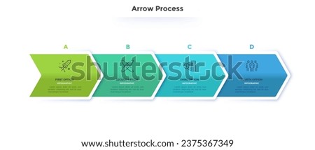 Four paper colorful overlapping arrows placed in horizontal row. Concept of 4 successive steps of progressive business development. Simple infographic design template. Vector illustration.
