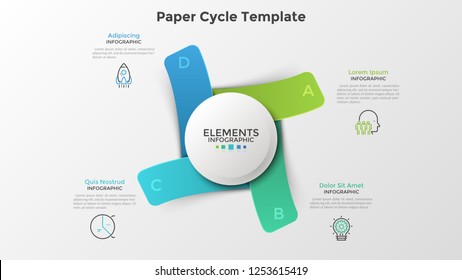 Four paper colorful rectangular elements placed around white circle. Realistic infographic design template. Modern vector illustration for cyclical business process visualization, presentation.
