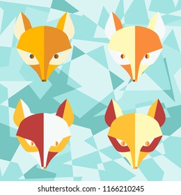 Four paper  foxes turquoise vector poster for cards, craft, pictures