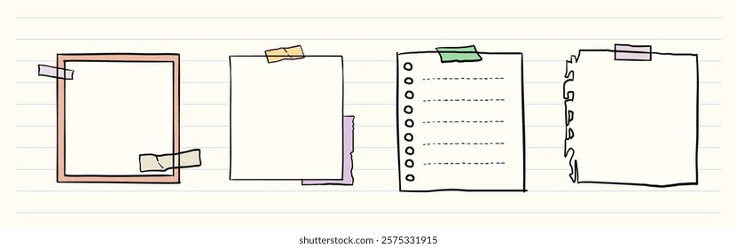 Four paper notes, each taped, with different designs: a square, a plain sheet, a lined paper, and a spiral notebook page. Simple, taped paper notes. Memo element vector set.