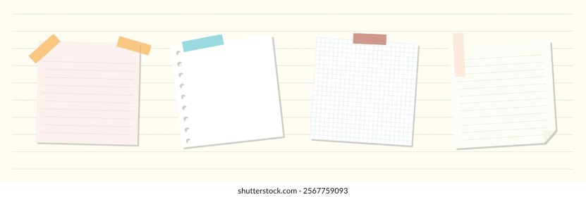 Four paper notes taped on a lined background. Notes include lined, blank, grid, and graph paper. Colorful tape secures each paper note. Stationery theme. Memo element vector set.