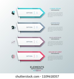 Four paper white arrows or pointers placed one below other and pointing at text boxes. Concept of 4 business options to choose. Creative infographic design layout. Vector illustration for website.