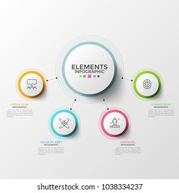 Four paper white circles with thin line symbols inside connected to main round element. Concept of 4 characteristics of provided service. Modern infographic design template. Vector illustration.