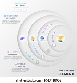 Four paper white circular elements with colorful flat pictograms placed one inside other. Concept of 4 options of business development. Creative infographic design template. Vector illustration.