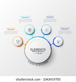 Four paper white circular elements with thin line symbols inside and arrows pointing at central circle. Concept of 4 features of business process. Infographic design template. Vector illustration.