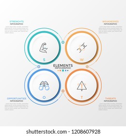 Four paper white circular elements with linear pictograms inside and place for text or description. Concept of SWOT analysis for startup company. Infographic design template. Vector illustration.