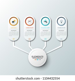 Four paper white elements with flat pictograms and place for description inside connected to main circle. Concept of diagram with 4 number options. Infographic design template. Vector illustration.