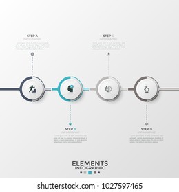 Four paper white elements with linear icons inside connected into horizontal chain. Concept of 4 steps of progressive development. Modern infographic design template. Vector illustration for brochure.
