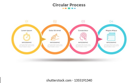 Four paper white overlapped circular elements arranged in horizontal timeline and connected by arrows. Concept of 4-stepped marketing strategy. Simple infographic design template. Vector illustration.
