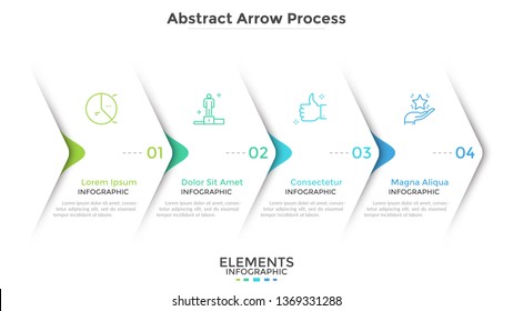 Four paper white overlapping arrows placed in horizontal row. Concept of 4 successive steps of progressive business development. Simple infographic design template. Abstract vector illustration.