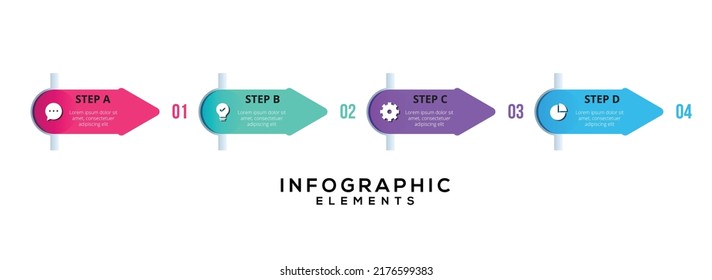vier weiß überlappende, in waagerechter Reihe platzierte Pfeile aus Papier. Konzept von 4 aufeinander folgenden Schritten der schrittweisen Geschäftsentwicklung. Einfache Infografik-Design-Vorlage. Abstrakte Vektorgrafik.