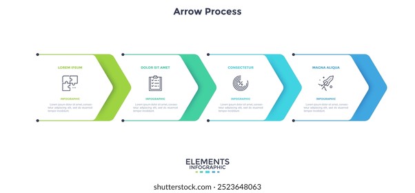 Quatro setas sobrepostas brancas de papel colocadas na linha horizontal. Conceito de 4 etapas sucessivas de desenvolvimento empresarial progressivo. Modelo de design infográfico simples. Ilustração vetorial abstrata.