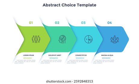 Four paper white overlapping arrows placed in horizontal row. Concept of 4 successive steps of progressive business development. Simple infographic design template. Abstract vector illustration.