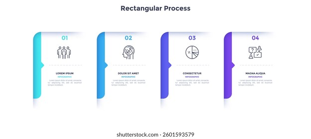 Four paper white overlapping arrows placed in horizontal row. Concept of 4 successive steps of progressive business development. Simple infographic design template. Abstract vector illustration.