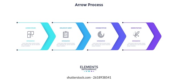 Four paper white overlapping arrows placed in horizontal row. Concept of 4 successive steps of progressive business development. Simple infographic design template. Abstract vector illustration.