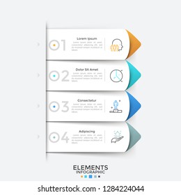 Four paper white pointers or arrow-like bookmarks placed one below other. Modern infographic design template. Concept of list with 4 business options to choose. Vector illustration for presentation.