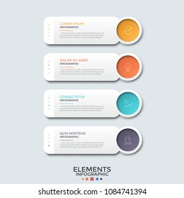 Four paper white rectangles with place for text and colorful circular elements with thin line pictograms inside. Concept of website menu. Modern infographic design template. Vector illustration.