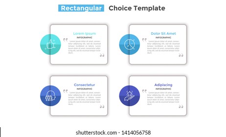 Four paper white rectangular elements with place for text inside and quotation marks. Concept of 4 quotes. Modern infographic design template. Flat vector illustration for business presentation.