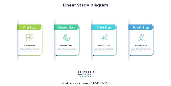 Four paper white rectangular elements placed in horizontal row. Concept of 4 steps of business development process. Simple infographic design template. Modern linear vector illustration for report.