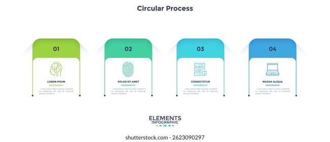 Four paper white rectangular elements placed in horizontal row. Concept of 4 steps of business development process. Simple infographic design template. Modern linear vector illustration for report.