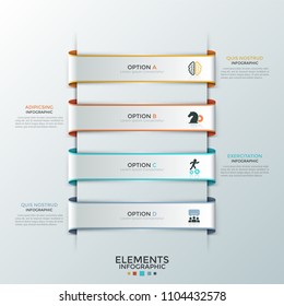 Four paper white ribbons with flat symbols inside placed one below other and text boxes. Concept of list with 4 business options. Creative infographic design template. Vector illustration for report.