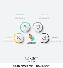 Four paper white round elements with thin line icons inside placed around main circle. Concept of 4 features of successful teamwork. Modern infographic design template. Vector illustration for report.