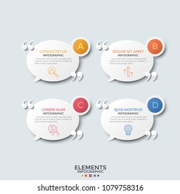 Four paper white round speech balloons, thin line symbols, place for text, letters and quotation marks. Concept of 4 dialog messages or quotes. Clean infographic design template. Vector illustration.