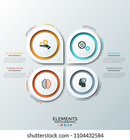 Four paper white separate pointed round elements with flat pictograms inside and place for text. Concept of swot analysis or 4 business features. Infographic design template. Vector illustration.
