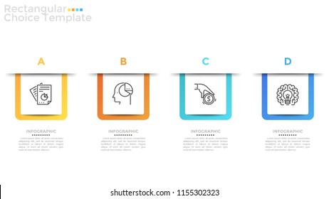 Four paper white square elements with thin line pictograms inside, letters arranged in alphabetical order and place for text. Infographic design layout. Vector illustration for website, banner.